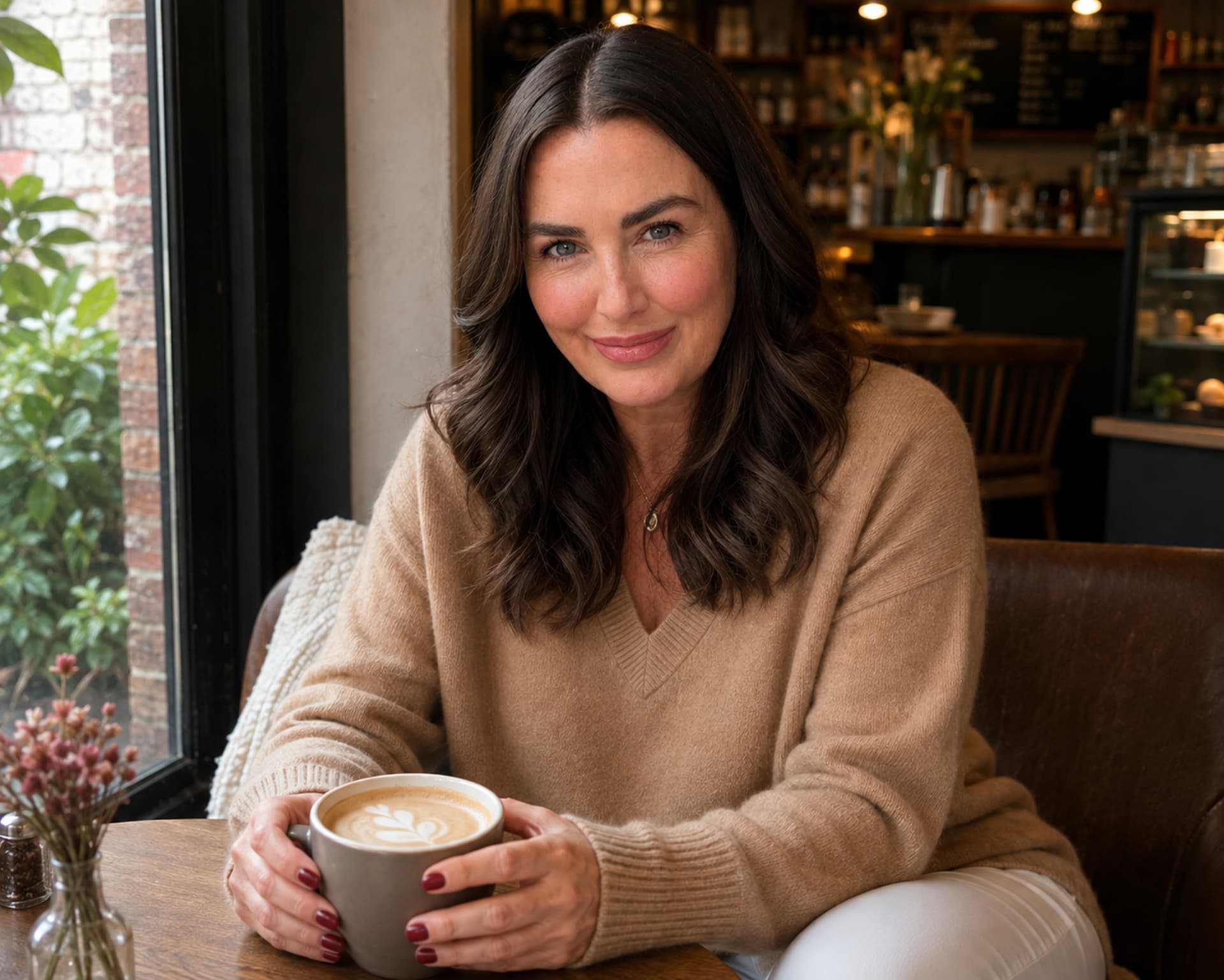 Haley seated at a cafe window, hands wrapped around a warm coffee cup, smiling gently